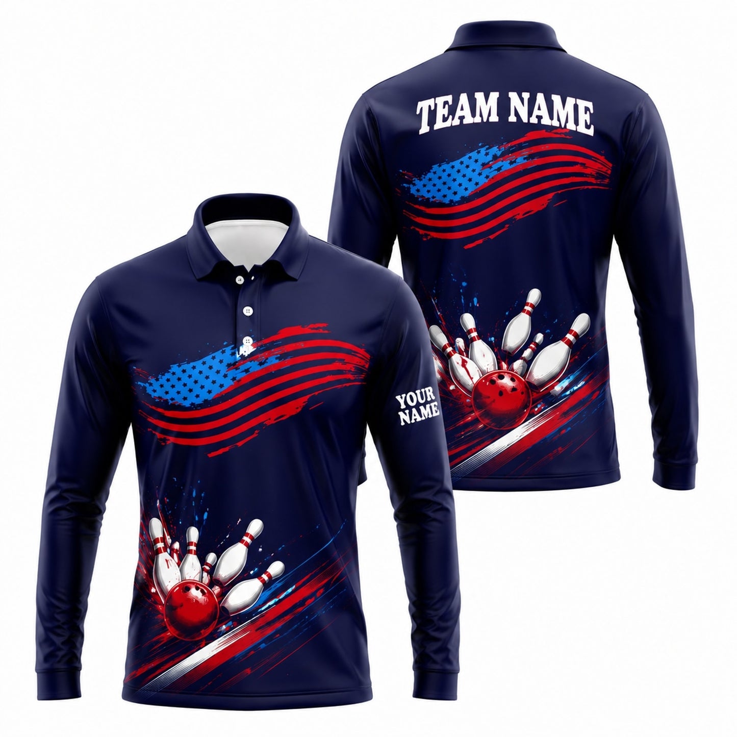 American Flag Bowling Strike Sport Custom Bowling Polo Shirt Long Sleeve Polo