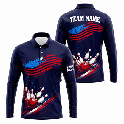 American Flag Bowling Strike Sport Custom Bowling Polo Shirt Long Sleeve Polo
