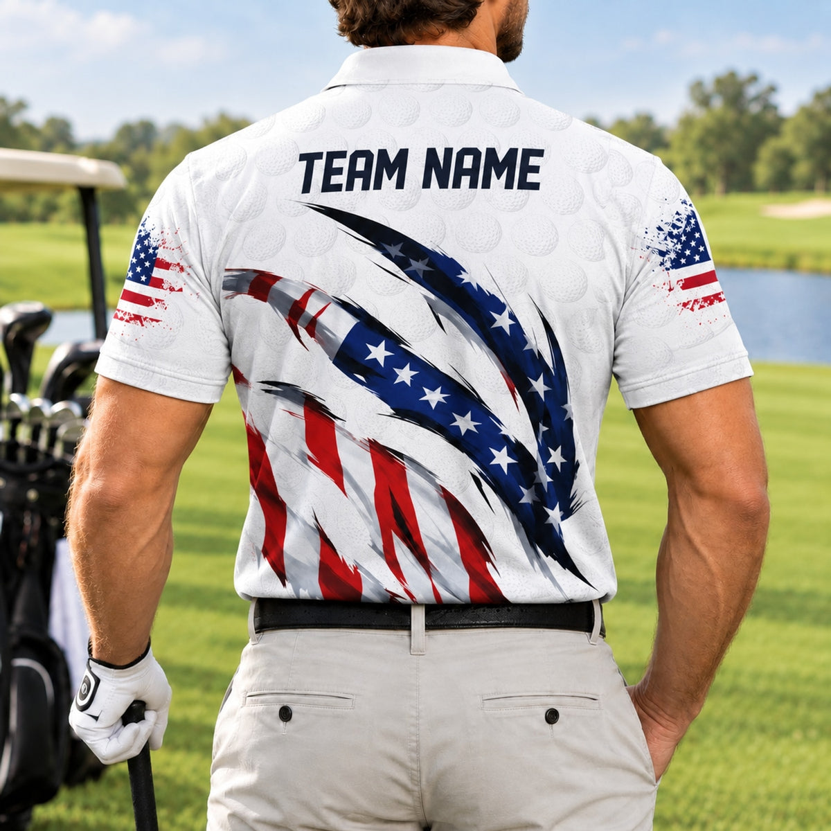 American Flag Claw Stripes Personalized Golf Polo Shirt Back View