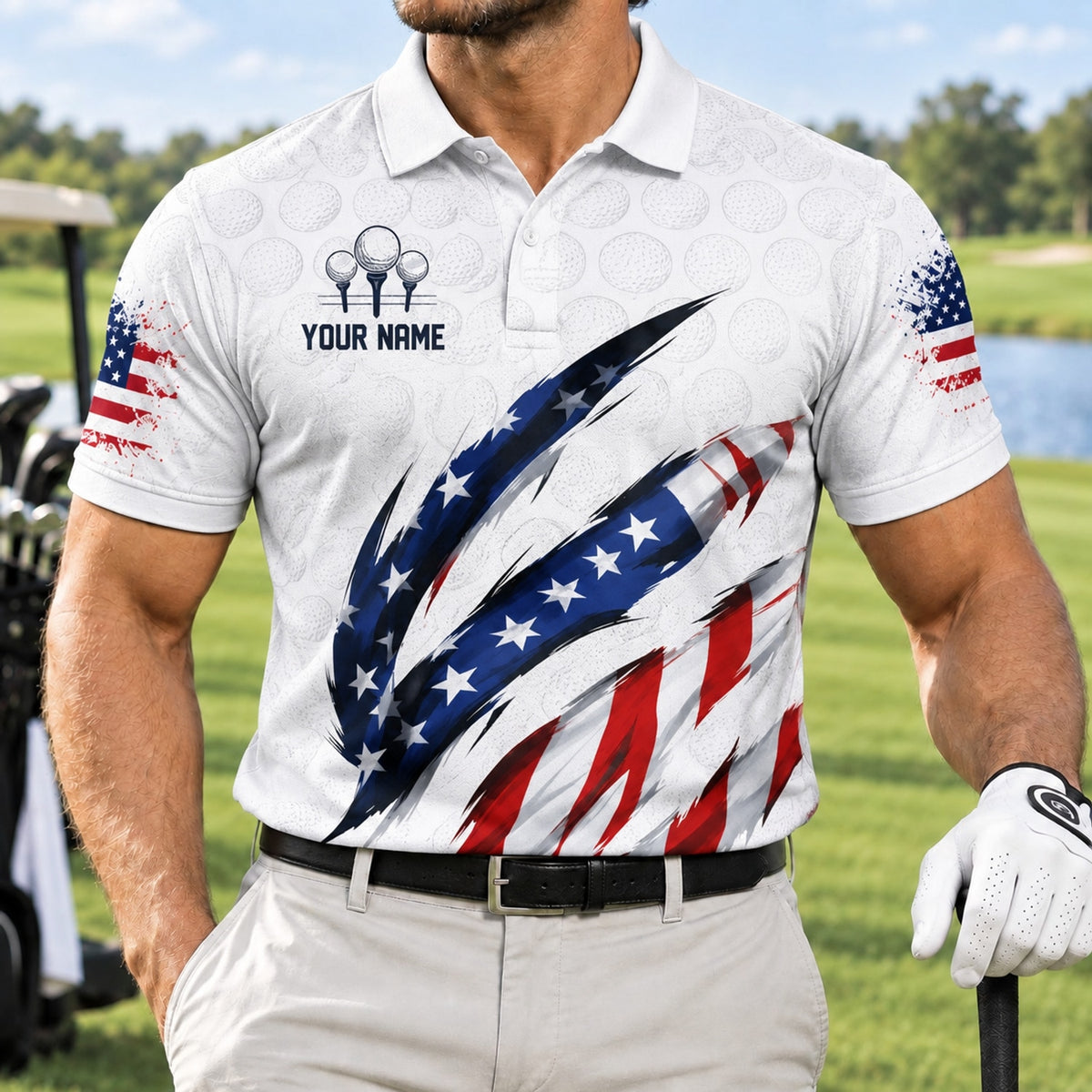 American Flag Claw Stripes Personalized Golf Polo Shirt Front View