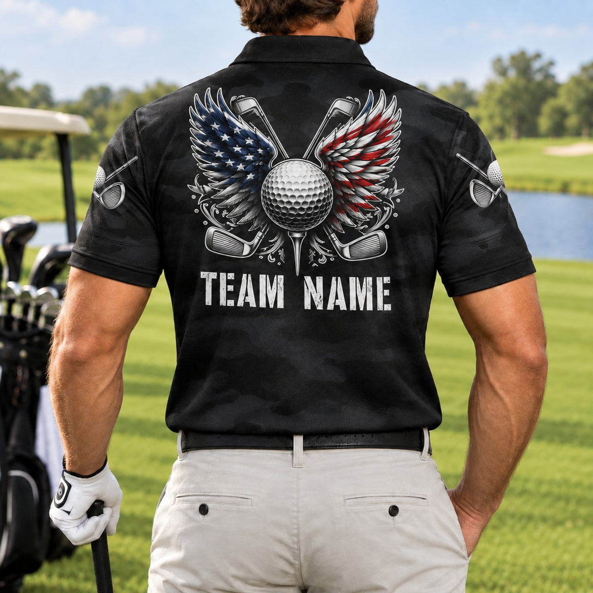 American Flag Golf Balls Sport Personalized Golf Polo Shirt Back View