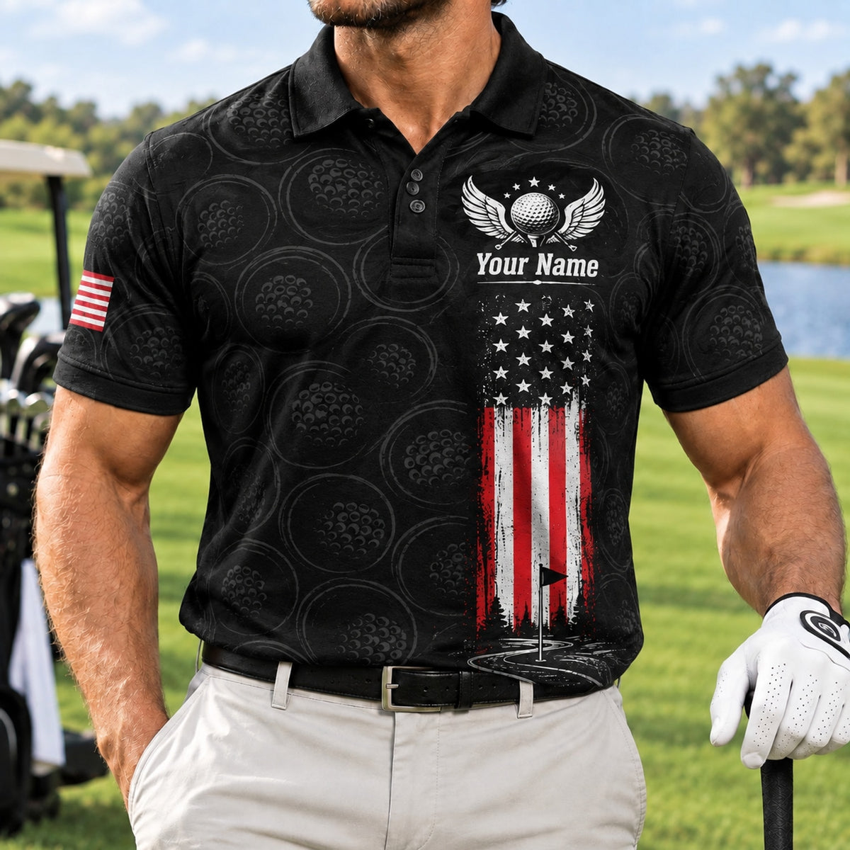 American Flag Golf Clubs Sport Custom Golf Polo Shirt Front View