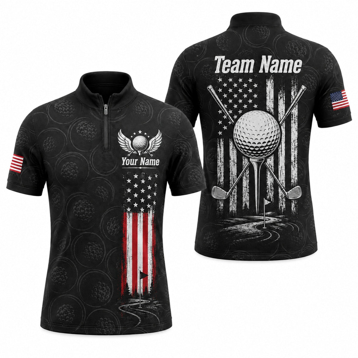American Flag Golf Clubs Sport Custom Golf Polo Shirt Jersey Zip 1 4 Collar