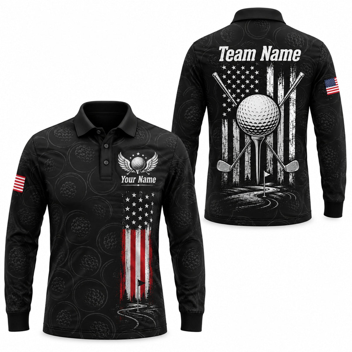 American Flag Golf Clubs Sport Custom Golf Polo Shirt Long Sleeve Polo