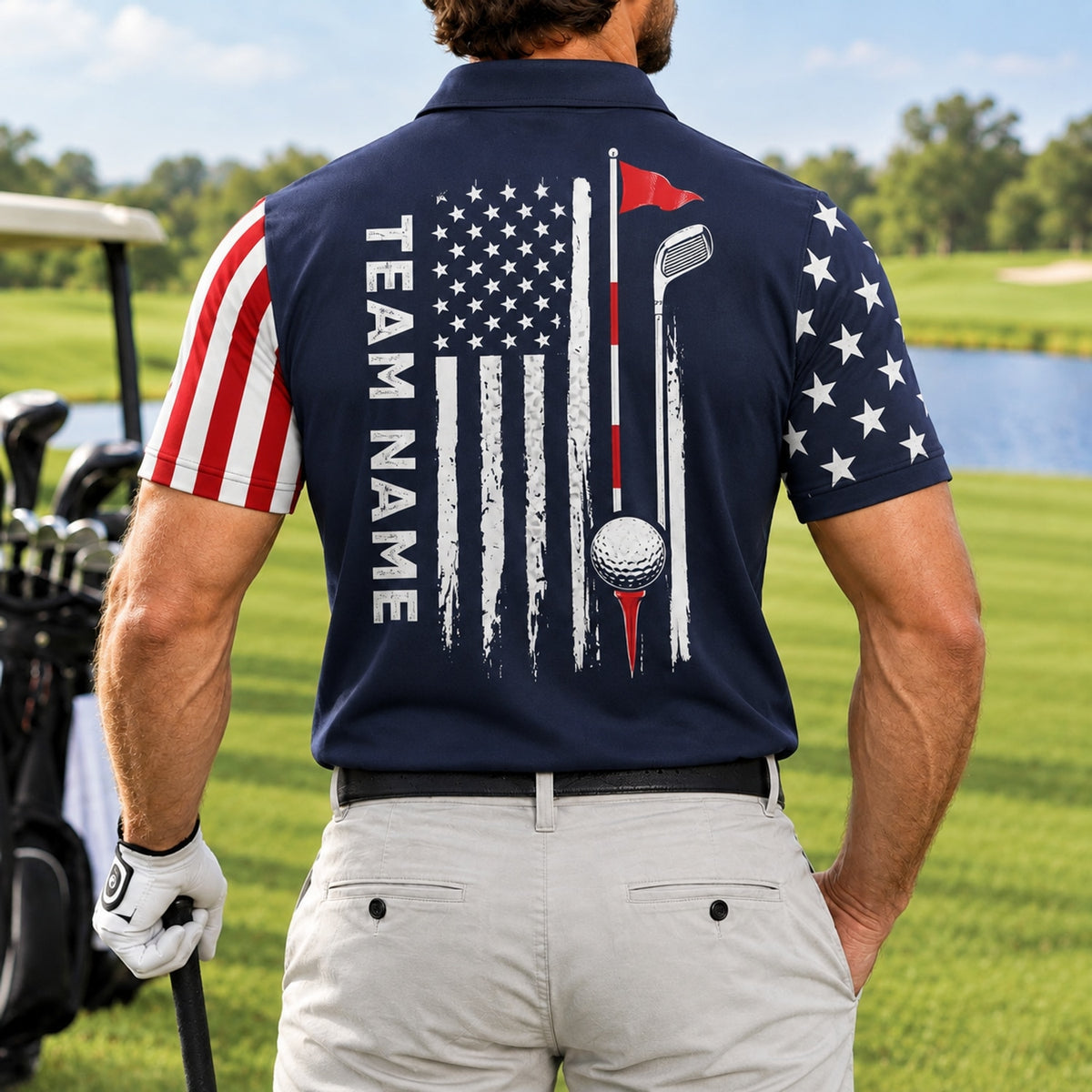 American Flag Golf Design Sport Personalized Golf Polo Shirt Back View