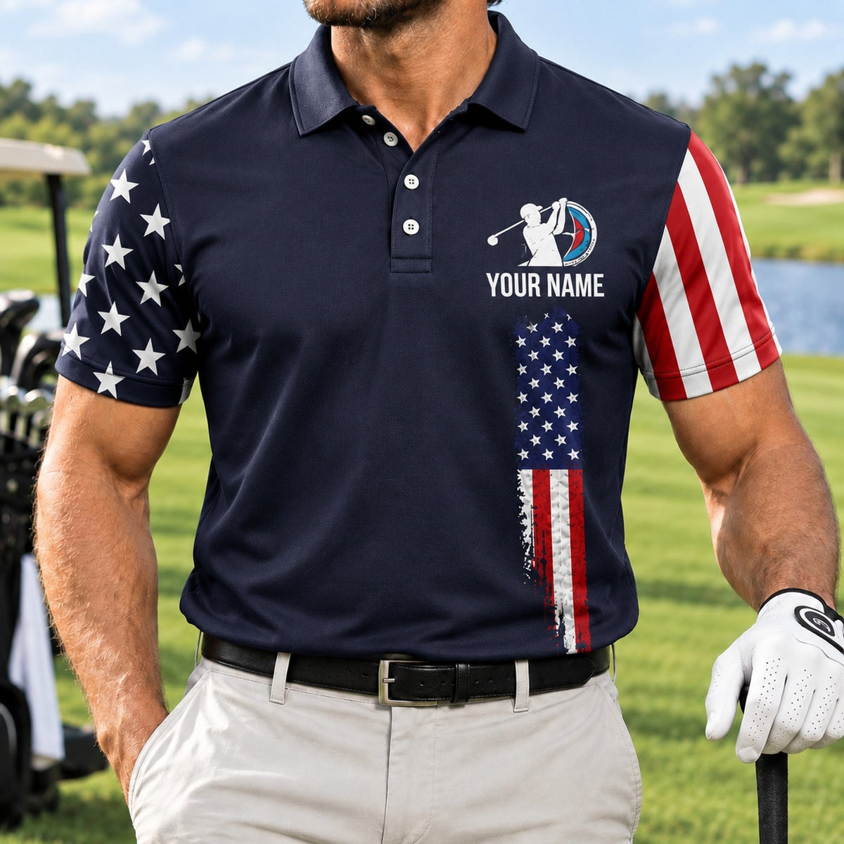 American Flag Golf Design Sport Personalized Golf Polo Shirt Front View