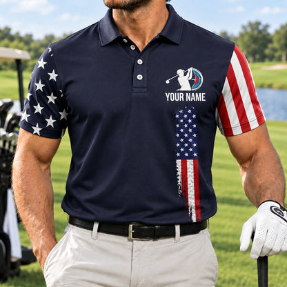 American Flag Golf Design Sport Personalized Golf Polo Shirt Front View