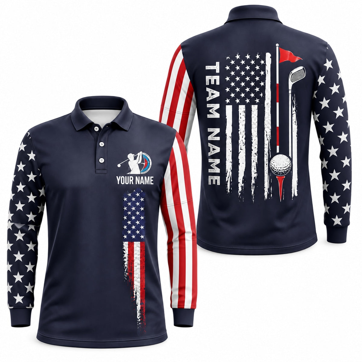 American Flag Golf Design Sport Personalized Golf Polo Shirt Long Sleeve Polo