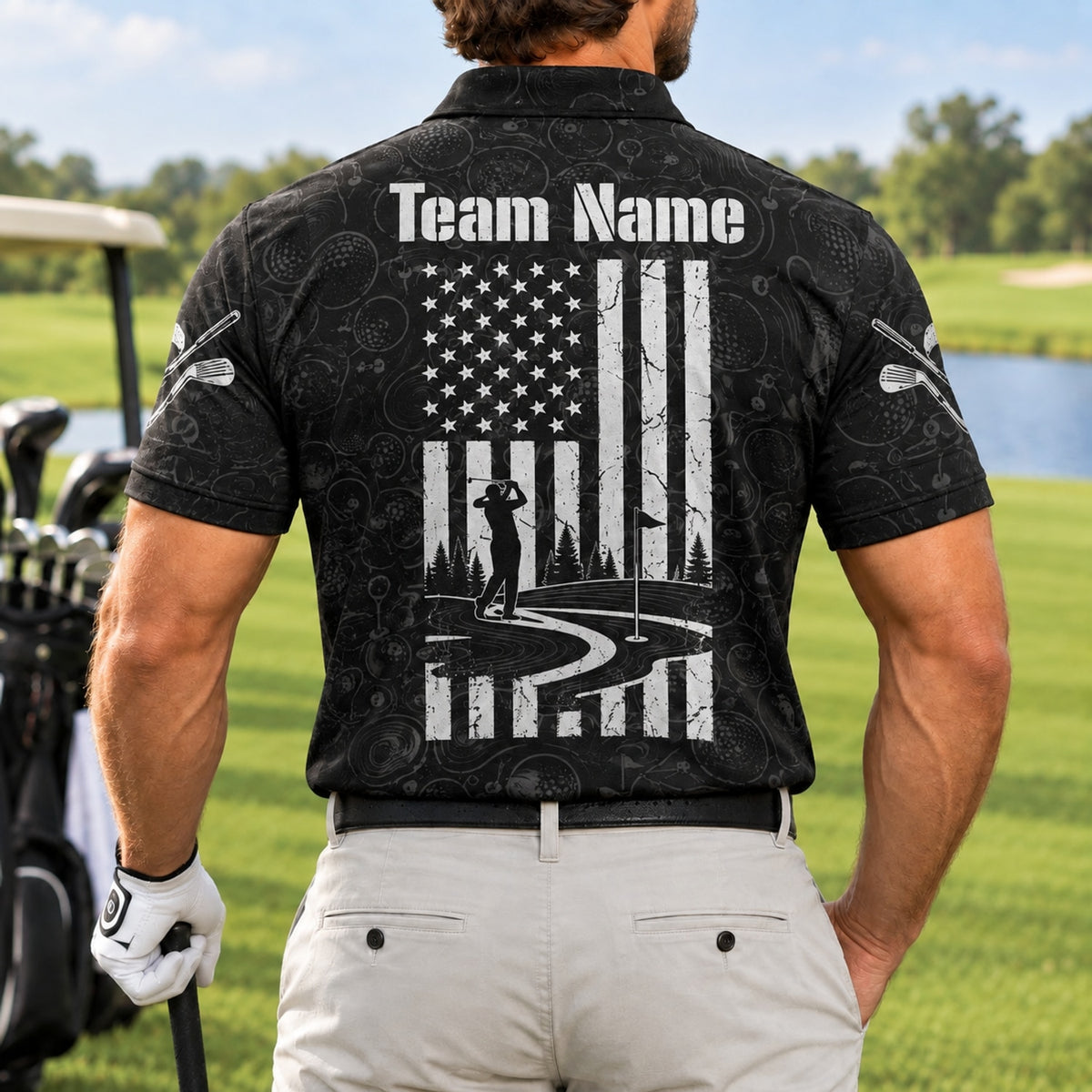 American Flag Golfer Silhouette Sport Personalized Golf Polo Shirt Back View