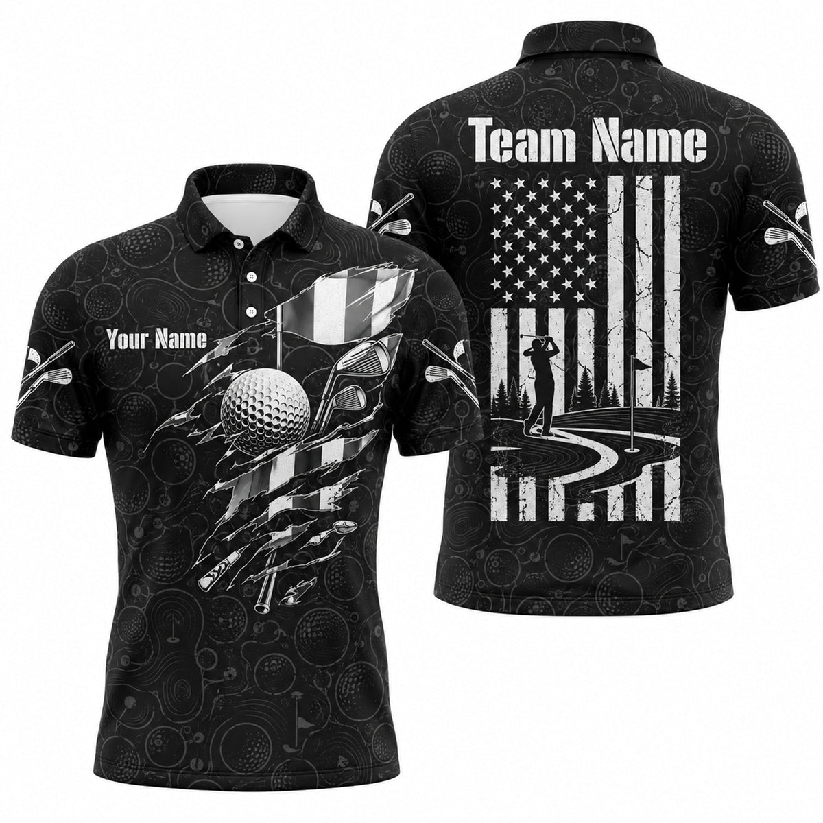 American Flag Golfer Silhouette Sport Personalized Golf Polo Shirt
