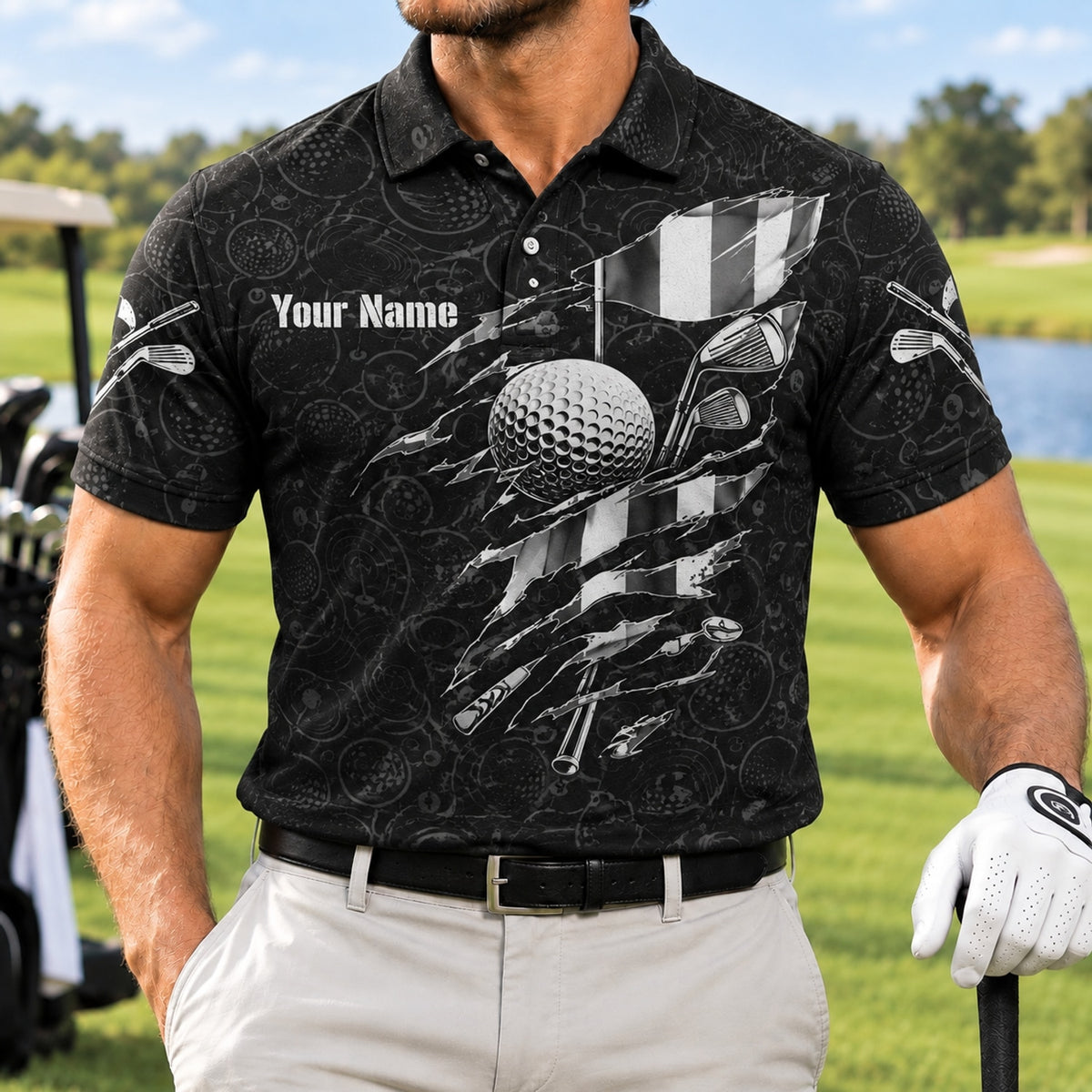 American Flag Golfer Silhouette Sport Personalized Golf Polo Shirt Front View