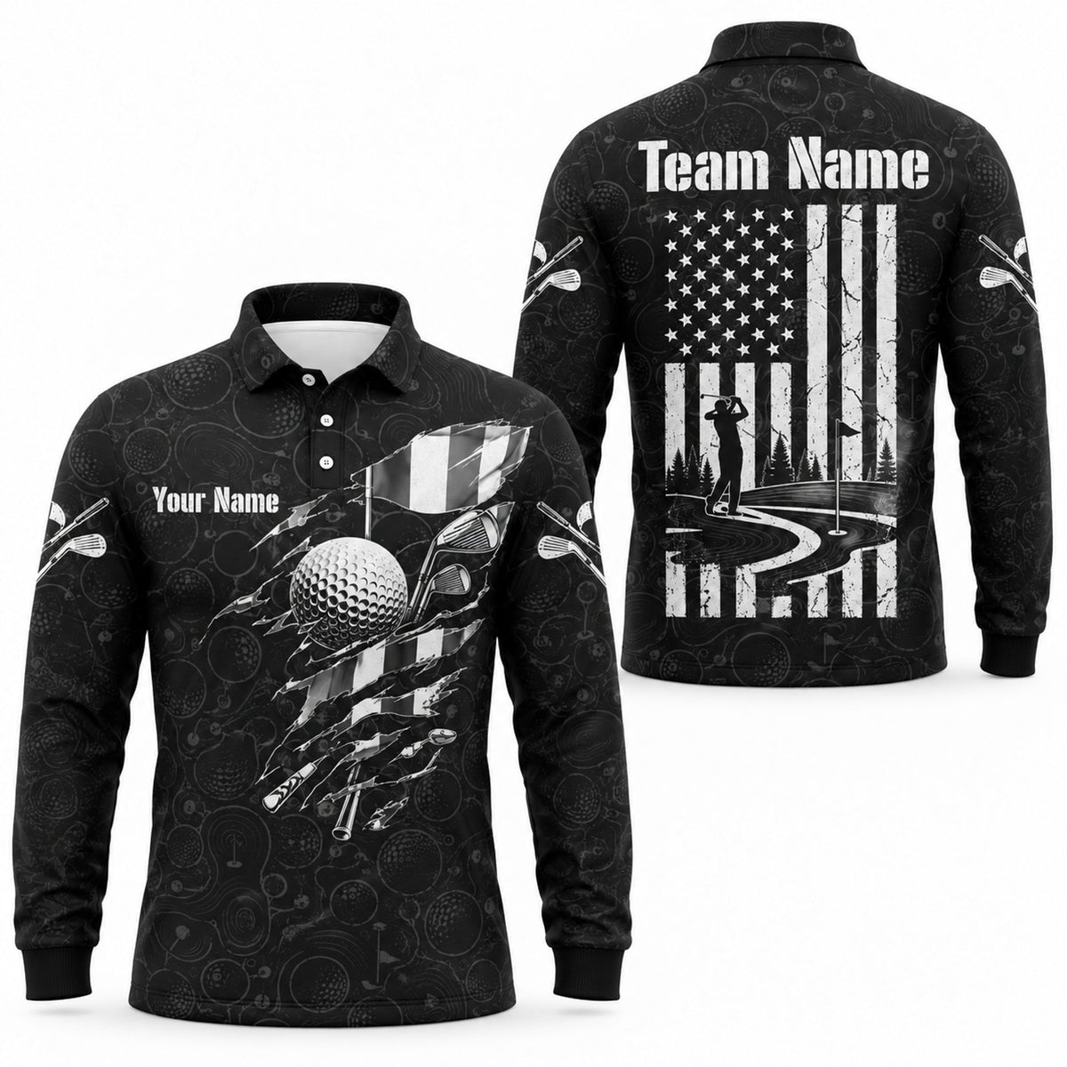 American Flag Golfer Silhouette Sport Personalized Golf Polo Shirt Long Sleeve Polo