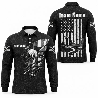American Flag Golfer Silhouette Sport Personalized Golf Polo Shirt Long Sleeve Polo