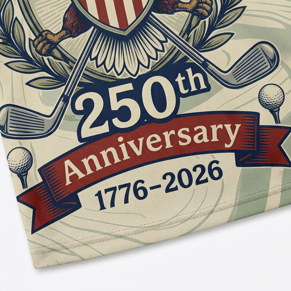 Detailed closeup of the commemorative heritage design and embroidery on golf polo fabric