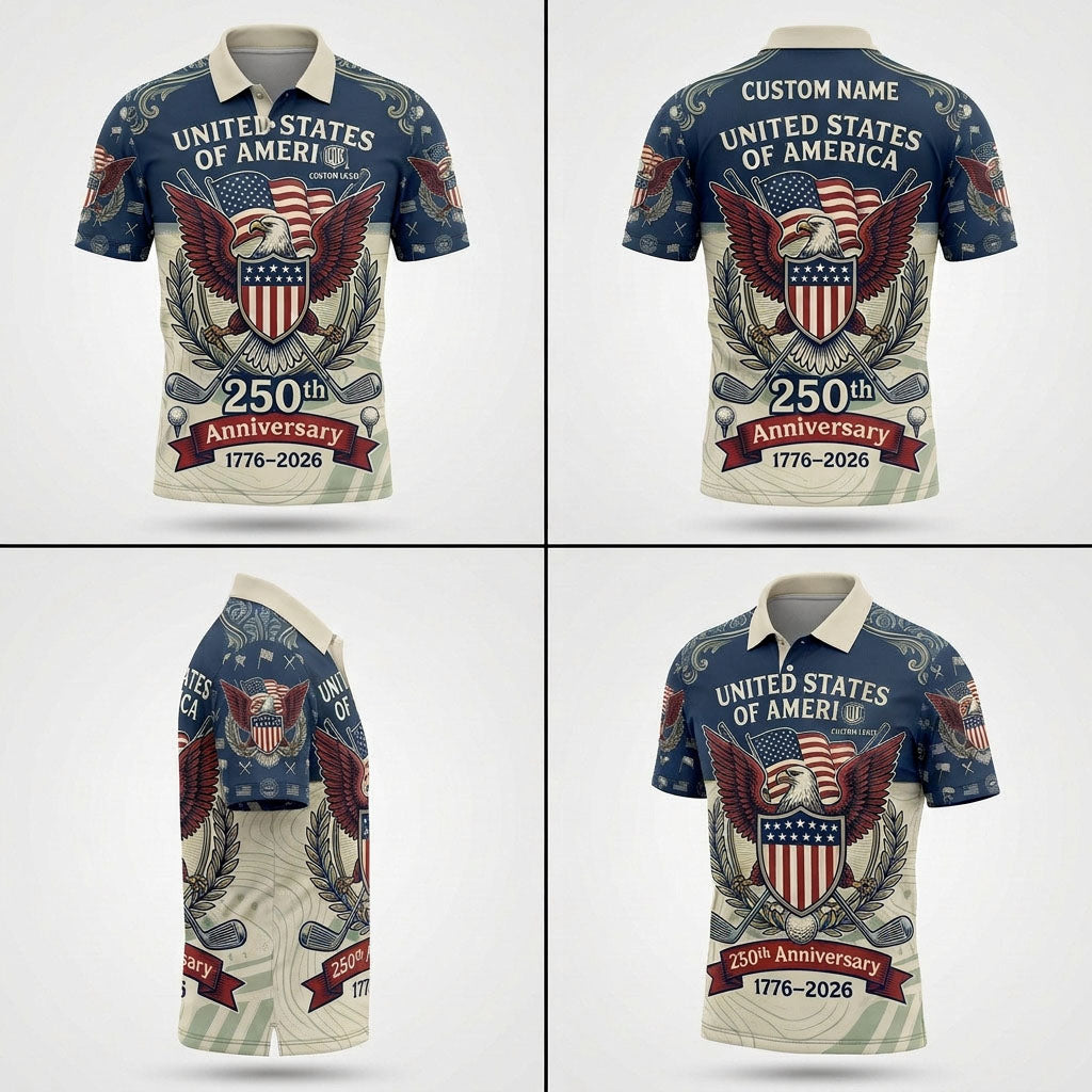 Multi-angle view of the American Heritage 250th anniversary golf polo for men