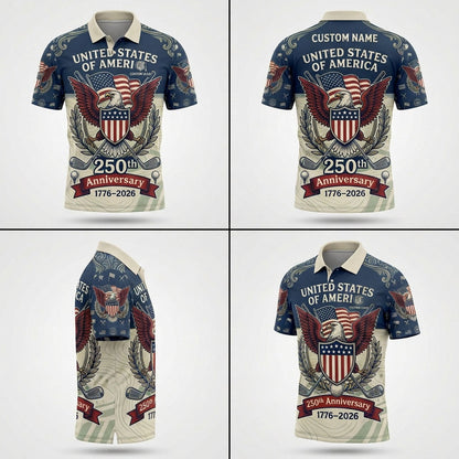 Multi-angle view of the American Heritage 250th anniversary golf polo for men