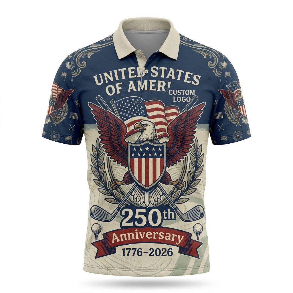 Premium flatlay layout of the commemorative American Heritage 250th anniversary golf polo