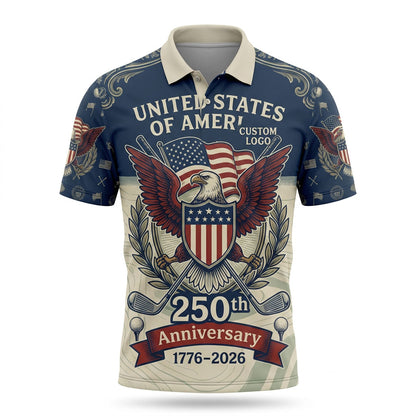 Premium flatlay layout of the commemorative American Heritage 250th anniversary golf polo