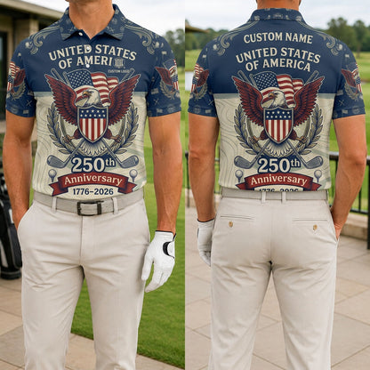 Front and back view of the American Heritage 250th anniversary custom golf polo