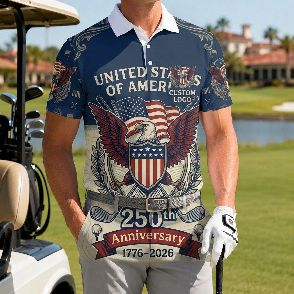 Golfer wearing the American Heritage 250th anniversary performance polo on the golf course