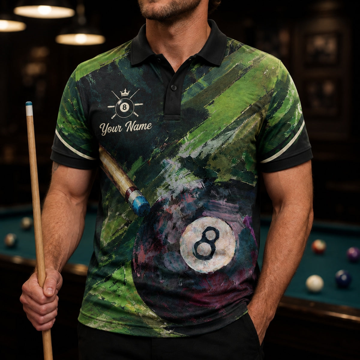 Artistic 8 Ball Billiards Sport Personalized Billiard Polo Shirt Front View