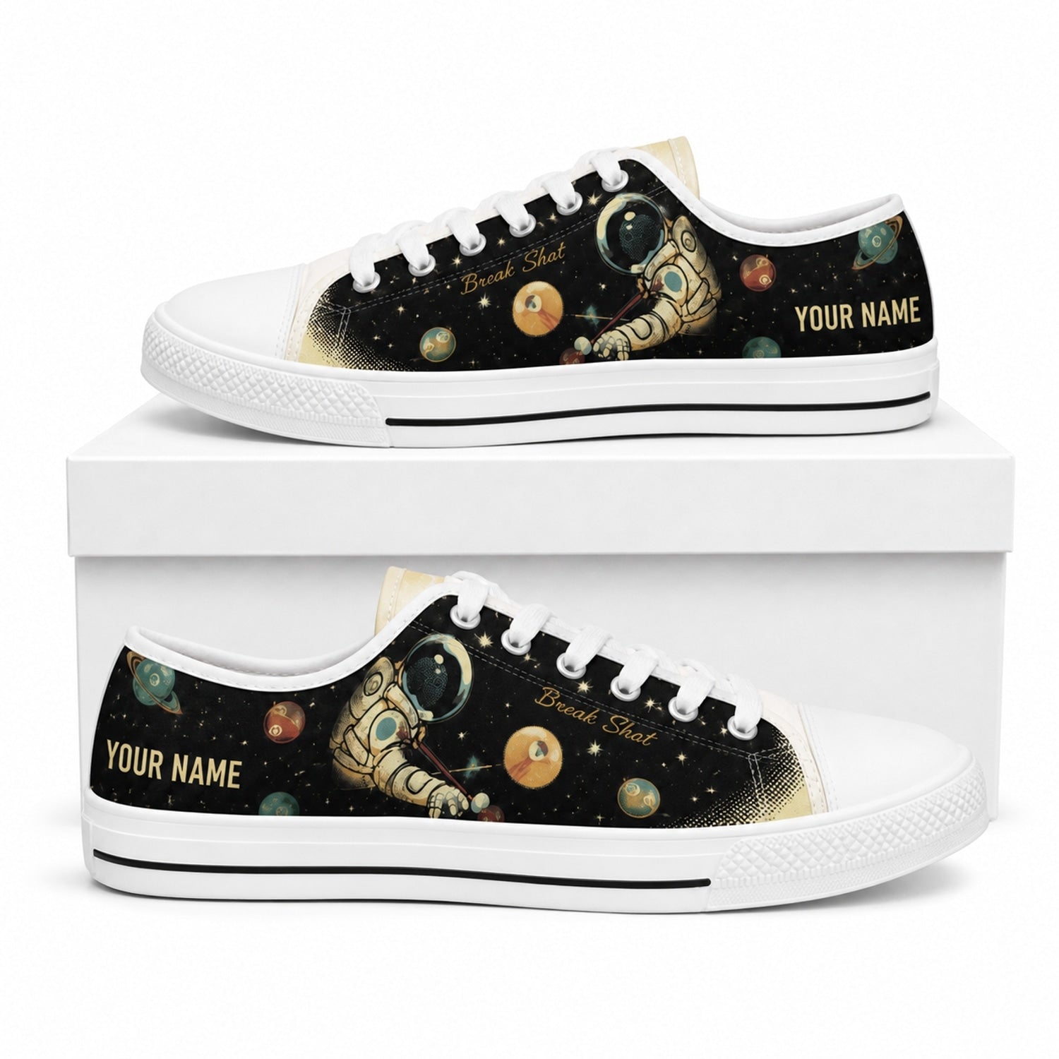 Astronaut Billiard Design Graphic Personalized Low Top Shoes Box White