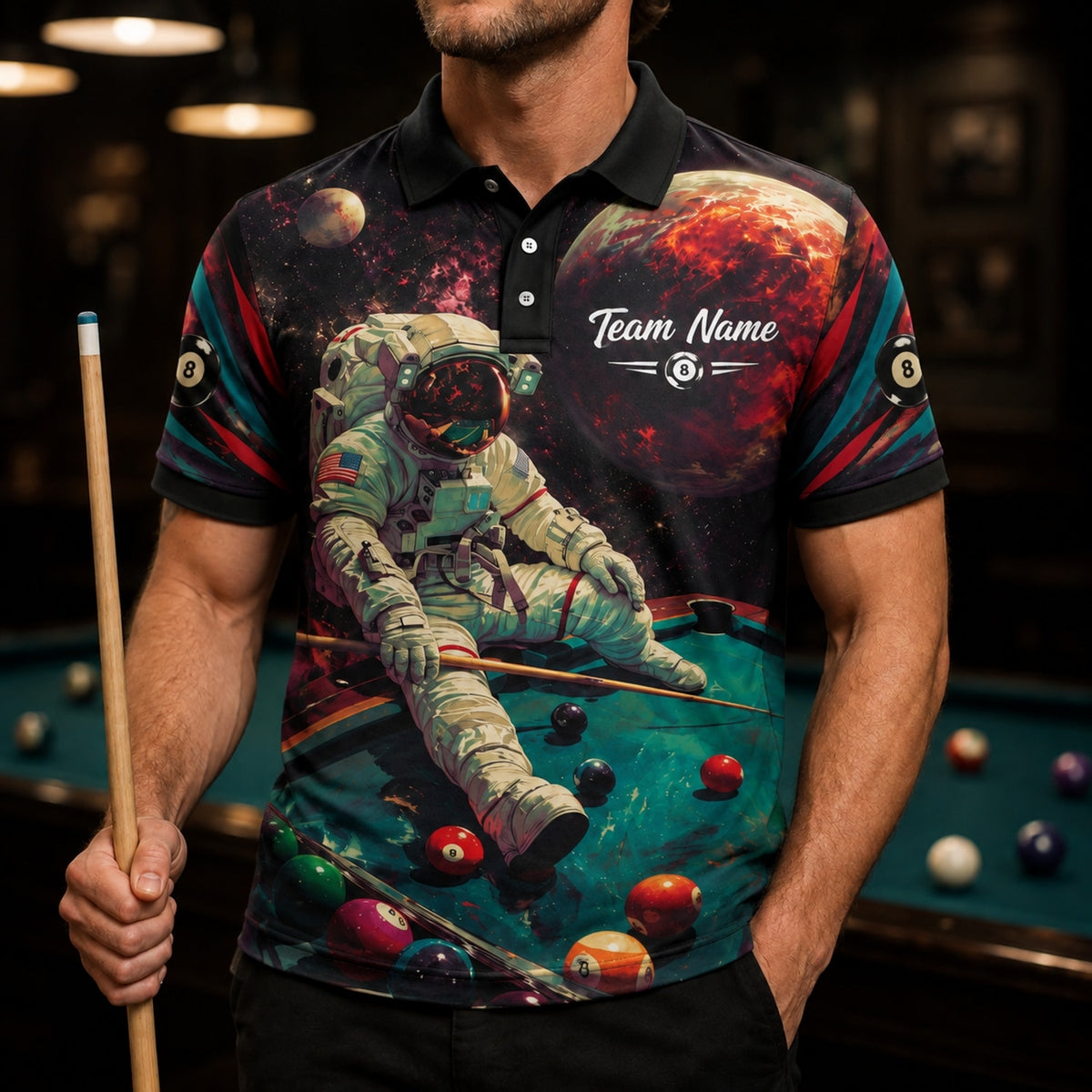 Astronaut Billiards Galaxy Graphic Personalized Billiard Polo Shirt Front View