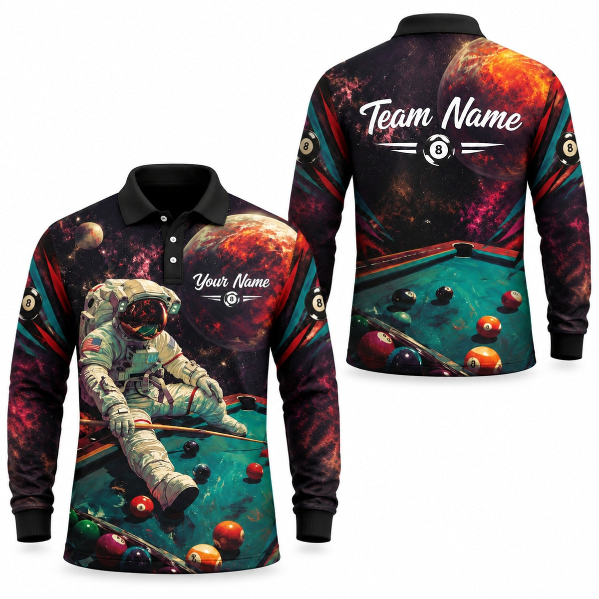 Astronaut Billiards Galaxy Graphic Personalized Billiard Polo Shirt Long Sleeve Polo