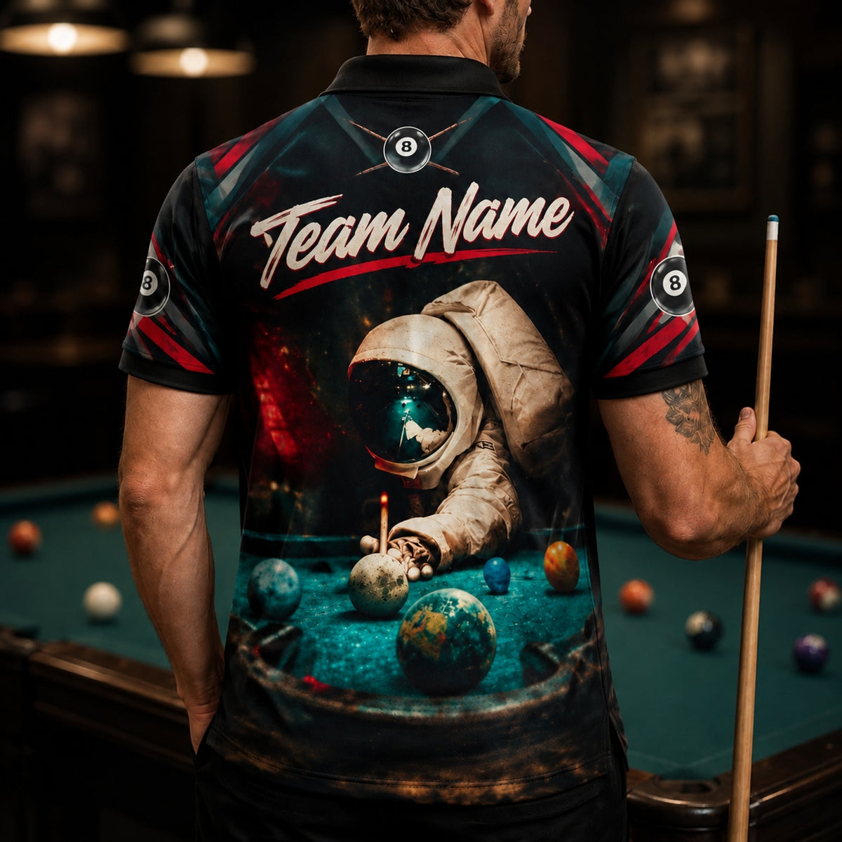 Astronaut Billiards Graphic Custom Billiard Polo Shirt Back View
