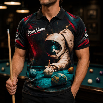 Astronaut Billiards Graphic Custom Billiard Polo Shirt Front View