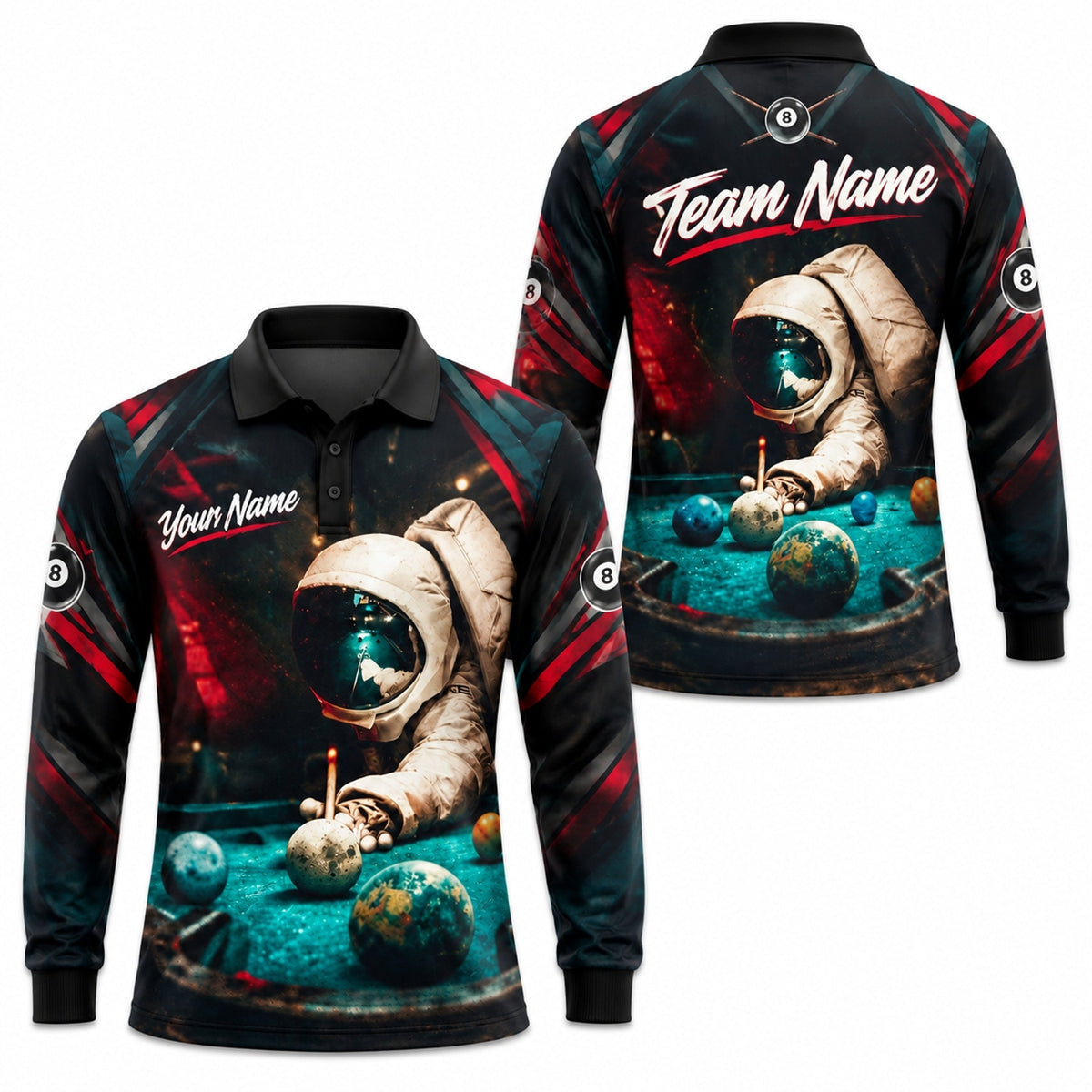 Astronaut Billiards Graphic Custom Billiard Polo Shirt Long Sleeve Polo