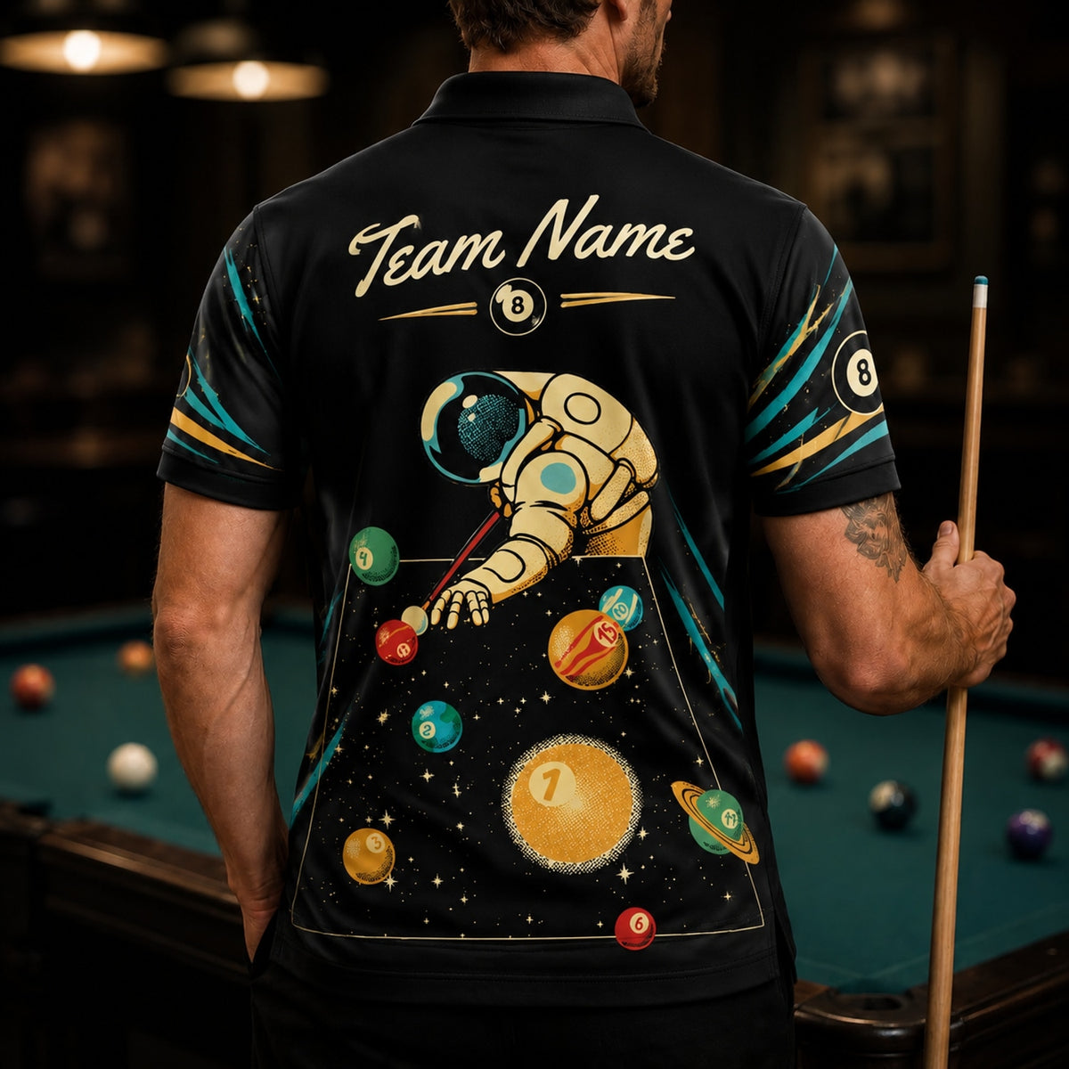 Astronaut Billiards Graphic Personalized Billiard Polo Shirt Back View