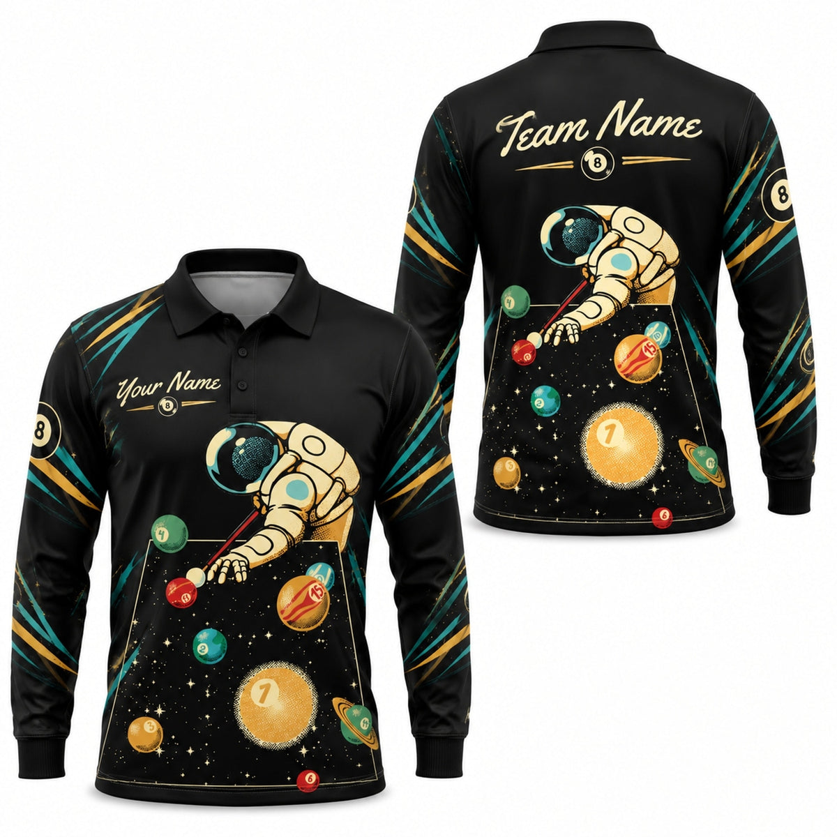 Astronaut Billiards Graphic Personalized Billiard Polo Shirt Long Sleeve Polo