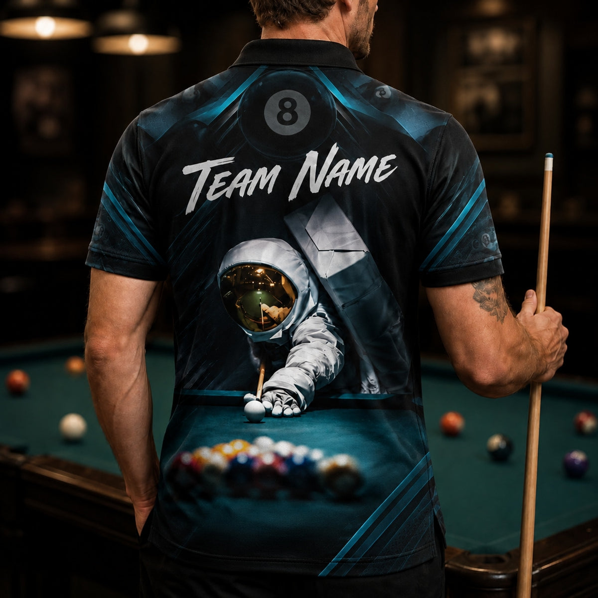 Astronaut Billiards Player Sport Custom Billiard Polo Shirt Back View