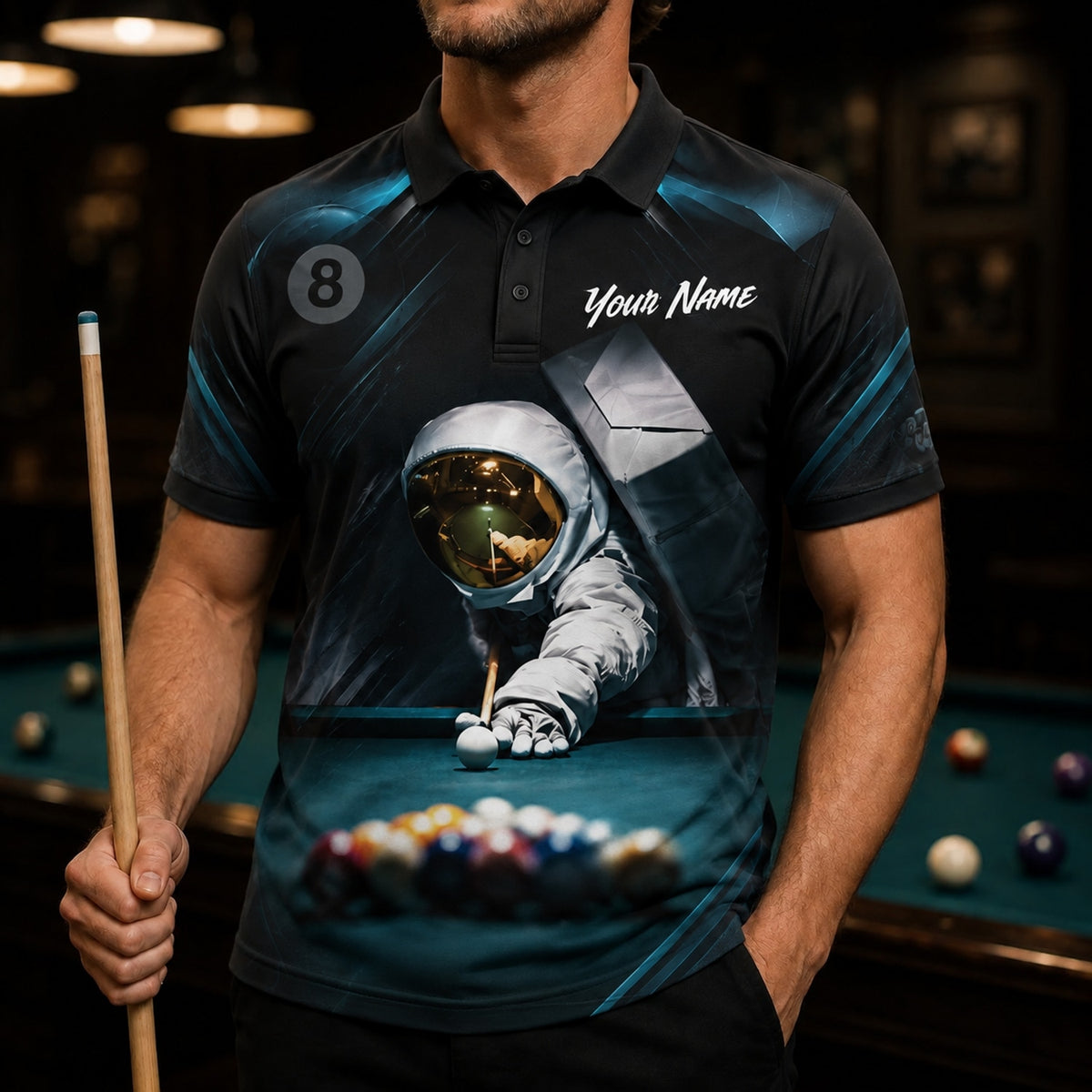 Astronaut Billiards Player Sport Custom Billiard Polo Shirt Front View