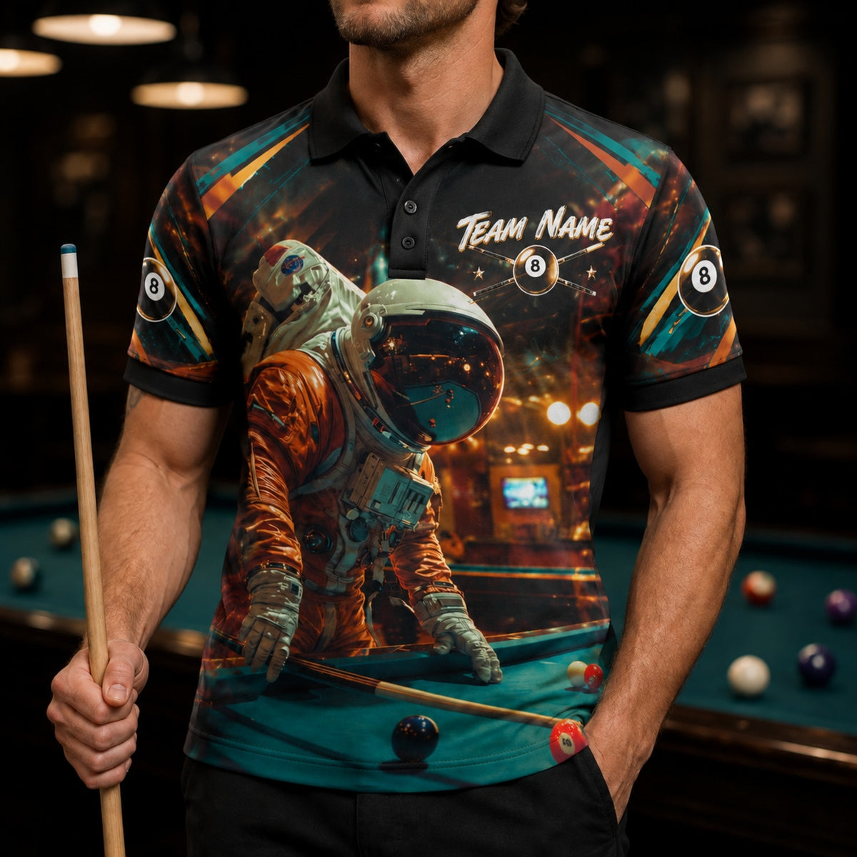 Astronaut Billiards Player Sport Personalized Billiard Polo Shirt Front View
