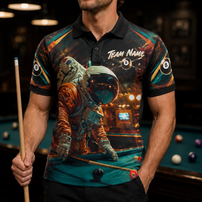 Astronaut Billiards Player Sport Personalized Billiard Polo Shirt Front View