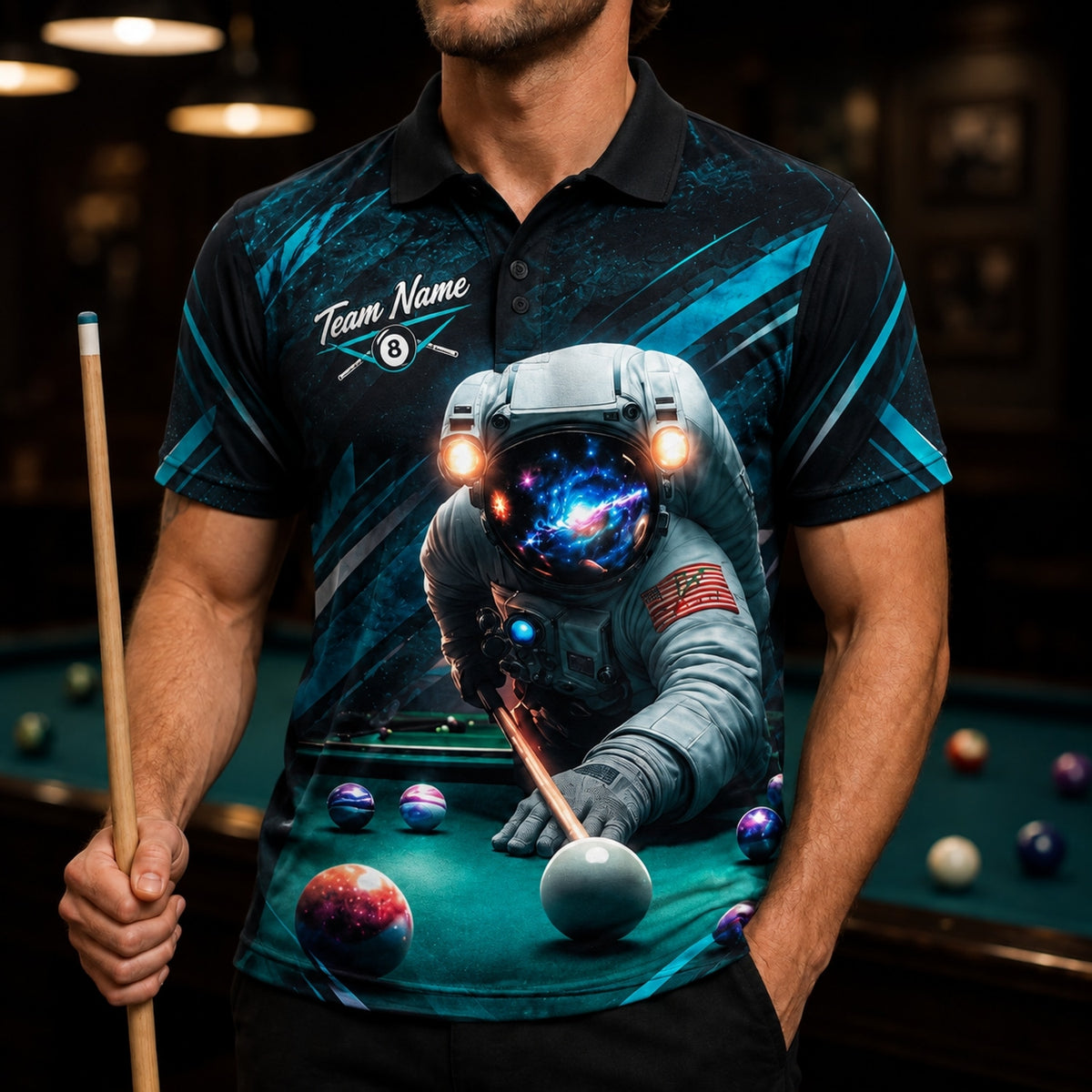 Astronaut Billiards Shooter Graphic Personalized Billiard Polo Shirt Front View