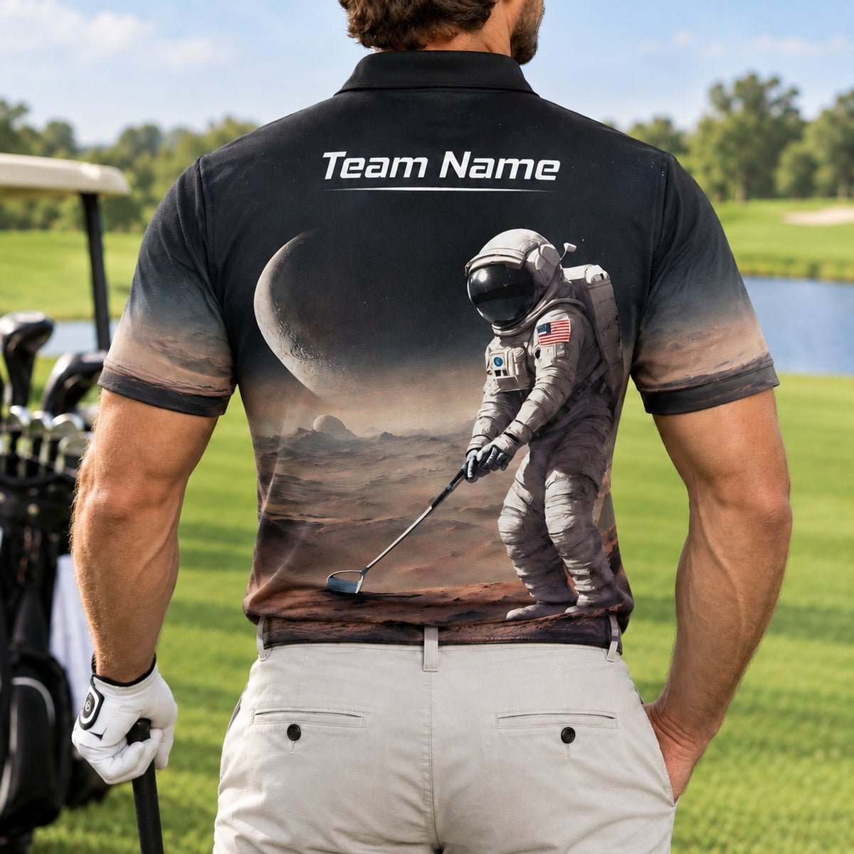 Astronaut Golf on Mars Graphic Personalized Golf Polo Shirt Back View