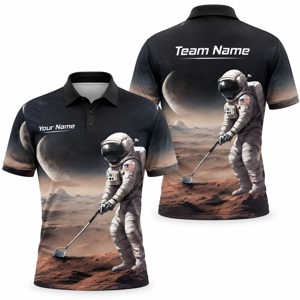 Astronaut Golf on Mars Graphic Personalized Golf Polo Shirt