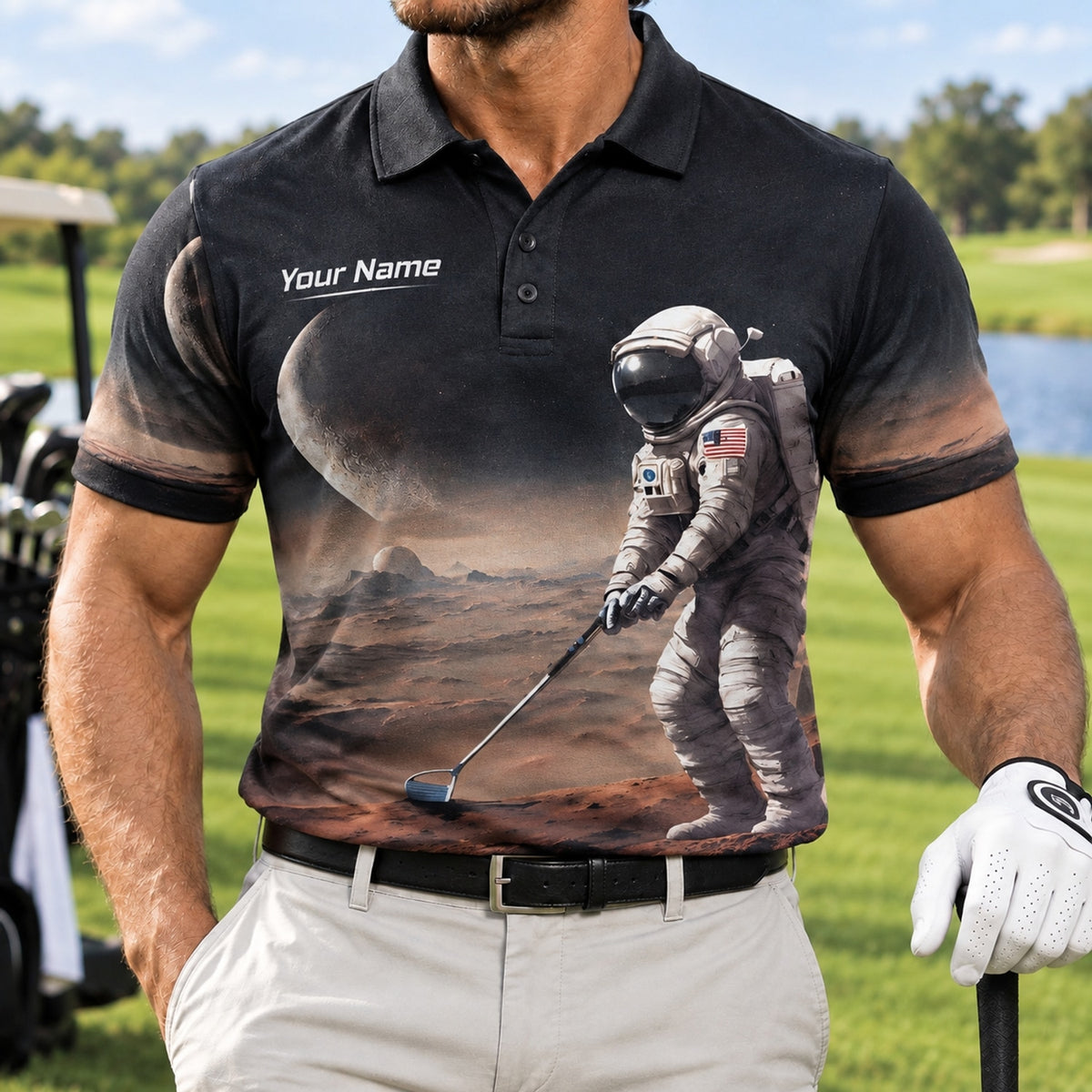 Astronaut Golf on Mars Graphic Personalized Golf Polo Shirt Front View