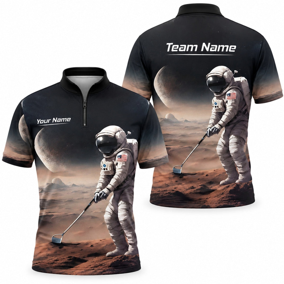 Astronaut Golf on Mars Graphic Personalized Golf Polo Shirt Jersey Zip 1 4 Collar