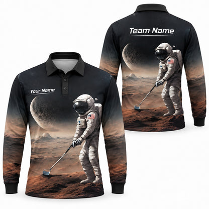 Astronaut Golf on Mars Graphic Personalized Golf Polo Shirt Long Sleeve Polo