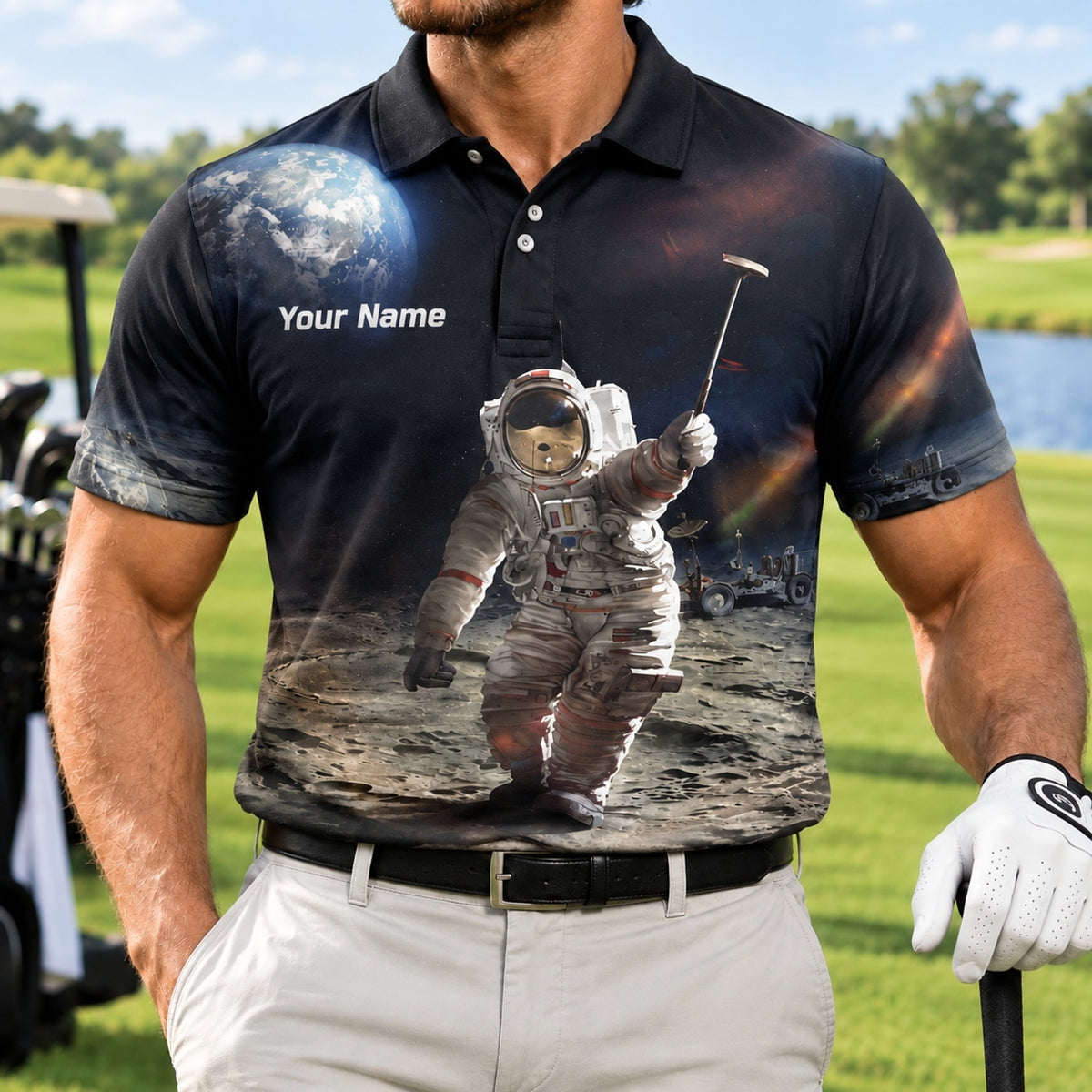 Astronaut Moon Golf Graphic Personalized Golf Polo Shirt Front View
