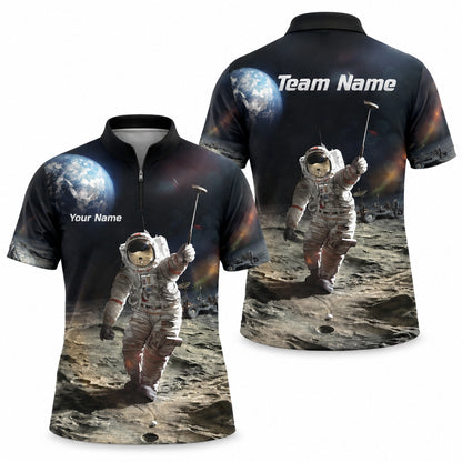 Astronaut Moon Golf Graphic Personalized Golf Polo Shirt Jersey Zip 1 4 Collar