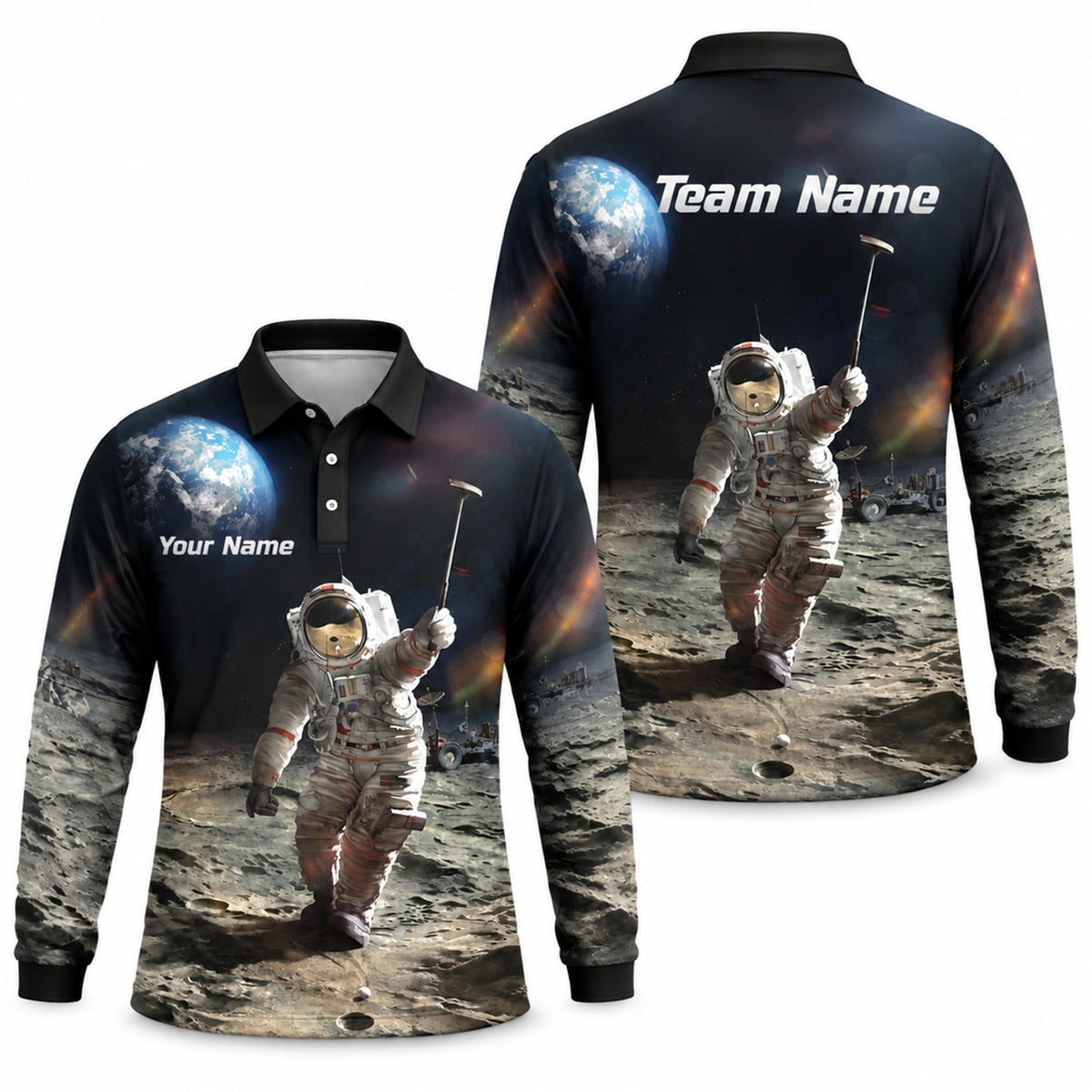 Astronaut Moon Golf Graphic Personalized Golf Polo Shirt Long Sleeve Polo