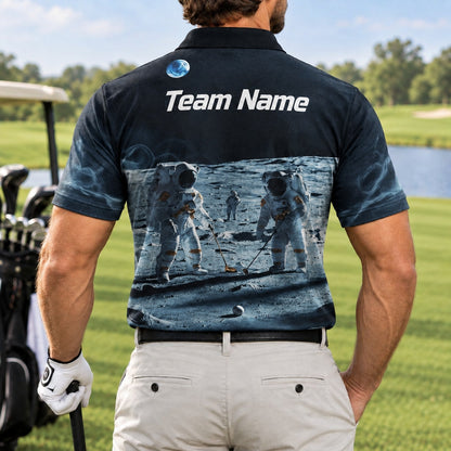 Astronaut Moon Golf Scene Custom Golf Polo Shirt Back View