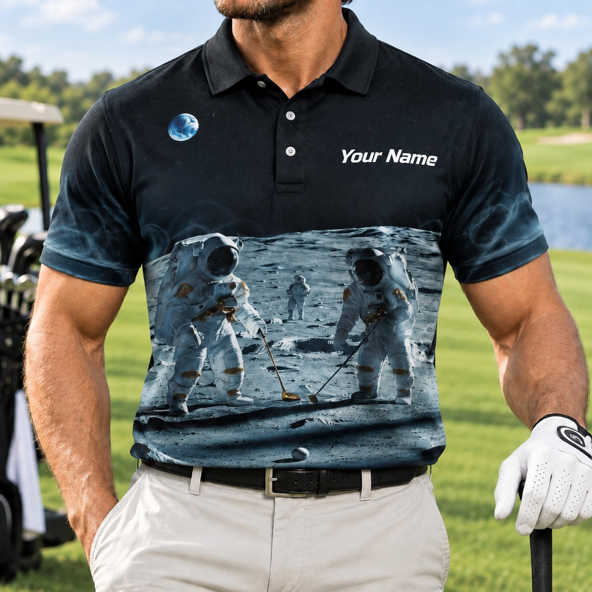 Astronaut Moon Golf Scene Custom Golf Polo Shirt Front View