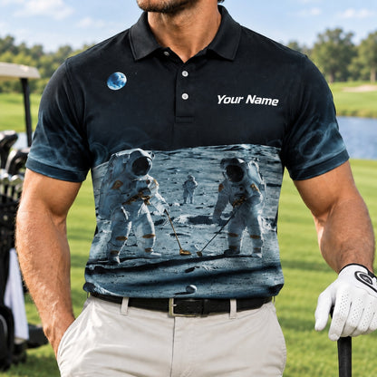 Astronaut Moon Golf Scene Custom Golf Polo Shirt Front View