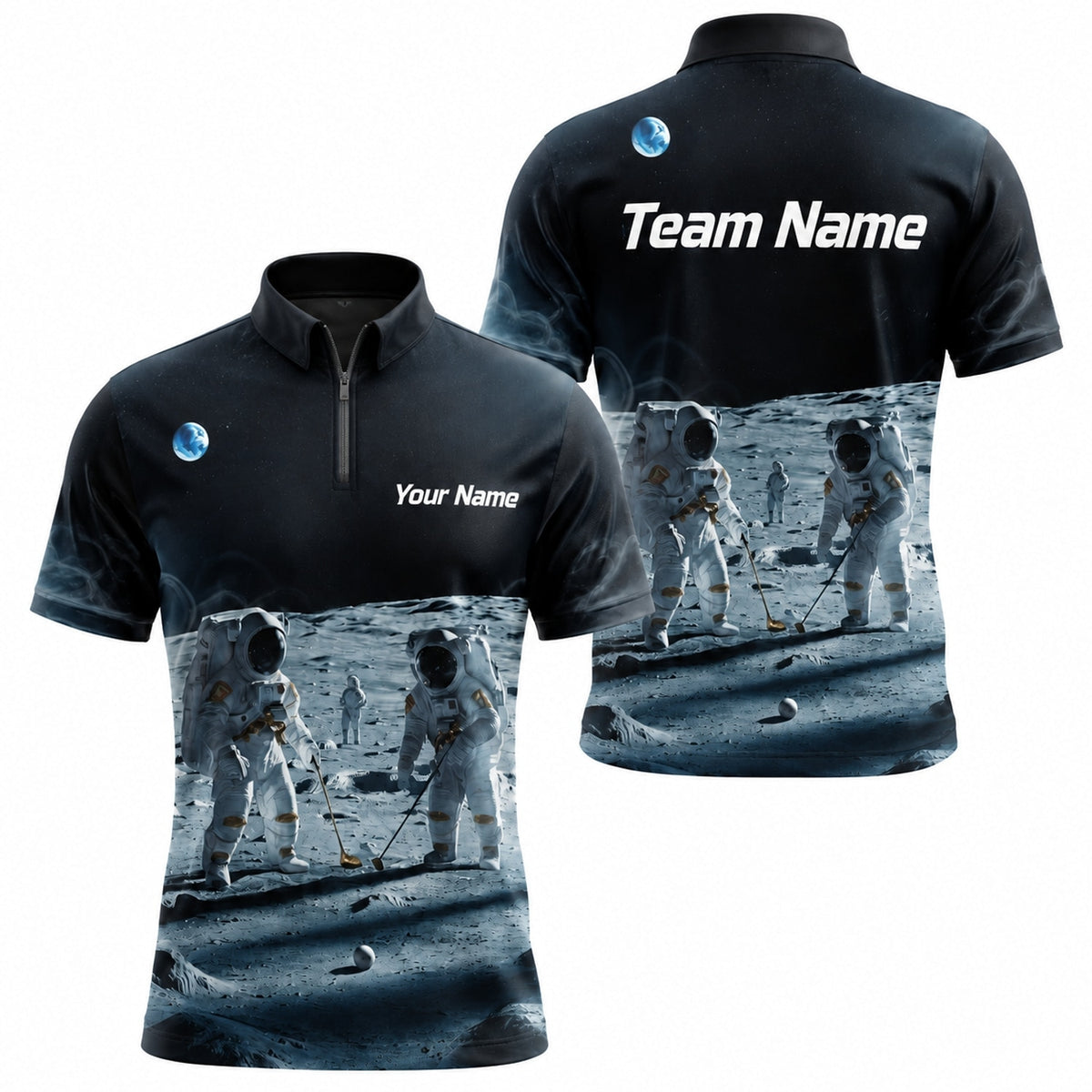 Astronaut Moon Golf Scene Custom Golf Polo Shirt Jersey Zip 1 4 Collar